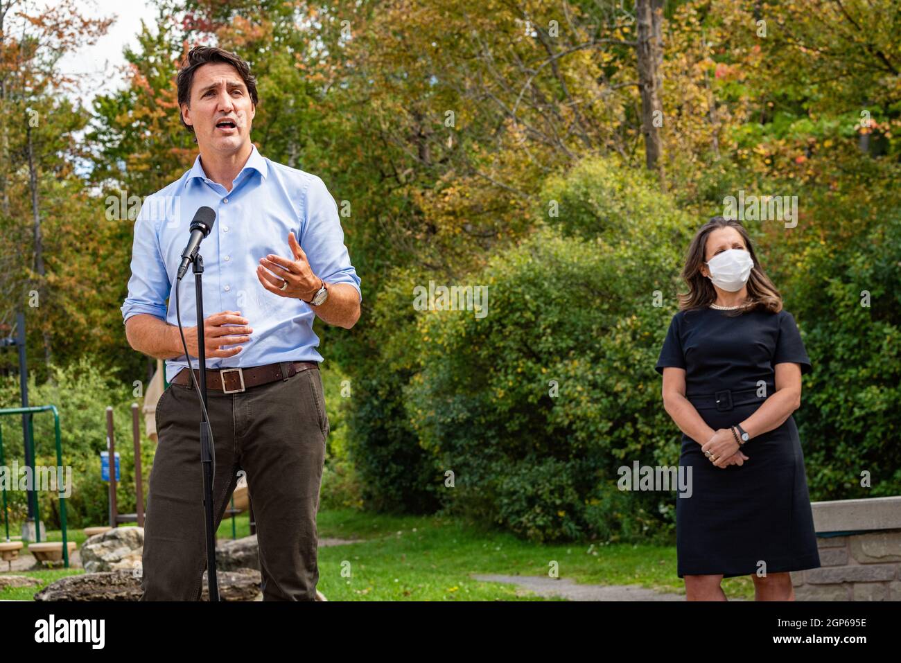 Prime Minister Justin Trudeau speaks as Deputy P.M .Chrystia Freeland