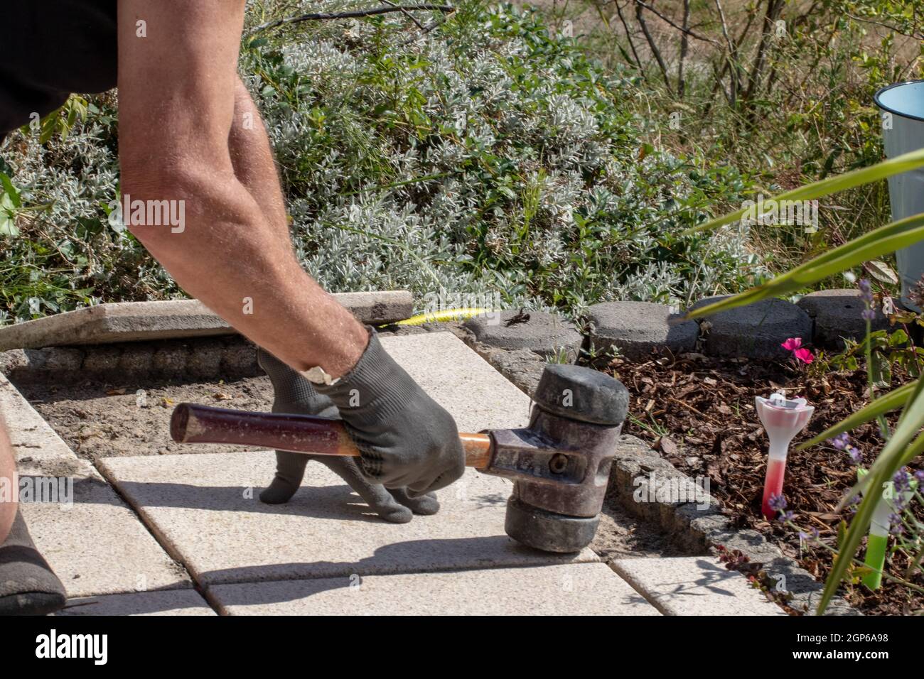 Tools of the craftsman. A professional paver worker laying patio slabs