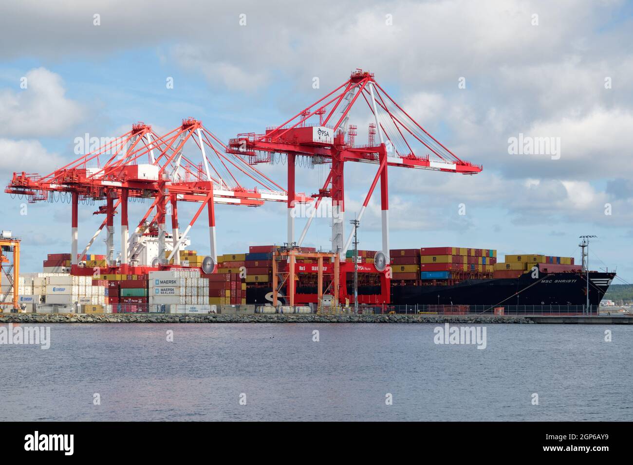 MSC Shirsti, container ship being loaded in the Halifax Harbour docks Stock Photo