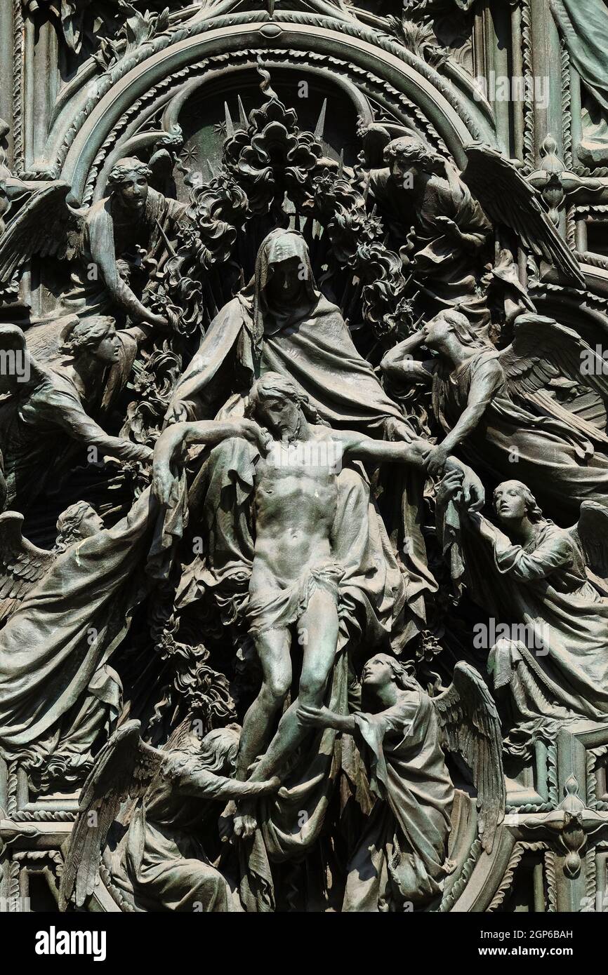 Lamentation of Christ, detail of the main bronze door of the Milan Cathedral, Duomo di Santa Maria Nascente, Milan, Lombardy, Italy Stock Photo