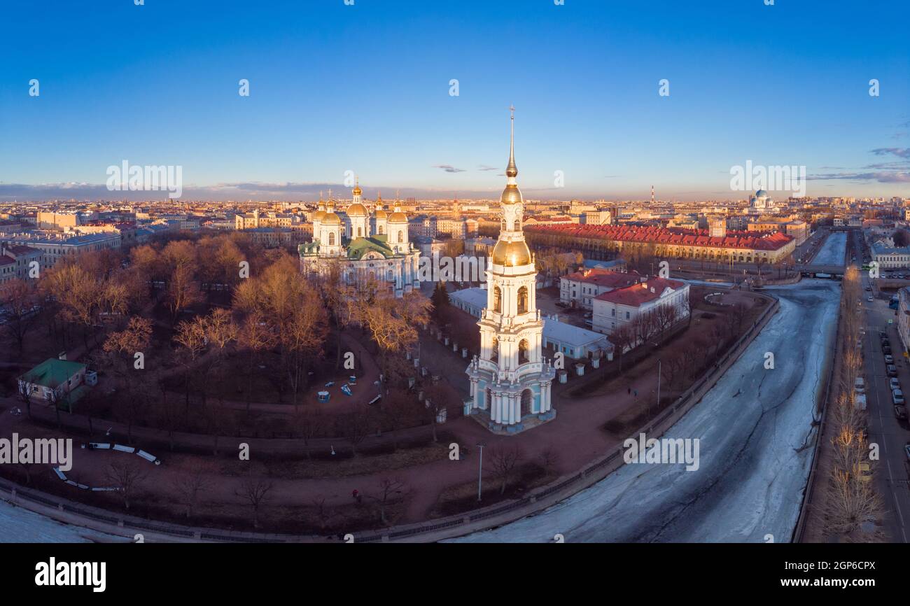 Aerial top view to St. Nicholas Naval Sea Cathedral in sunny day. Panorama of evening historical city center. Orthodox church located on banks of Kryu Stock Photo