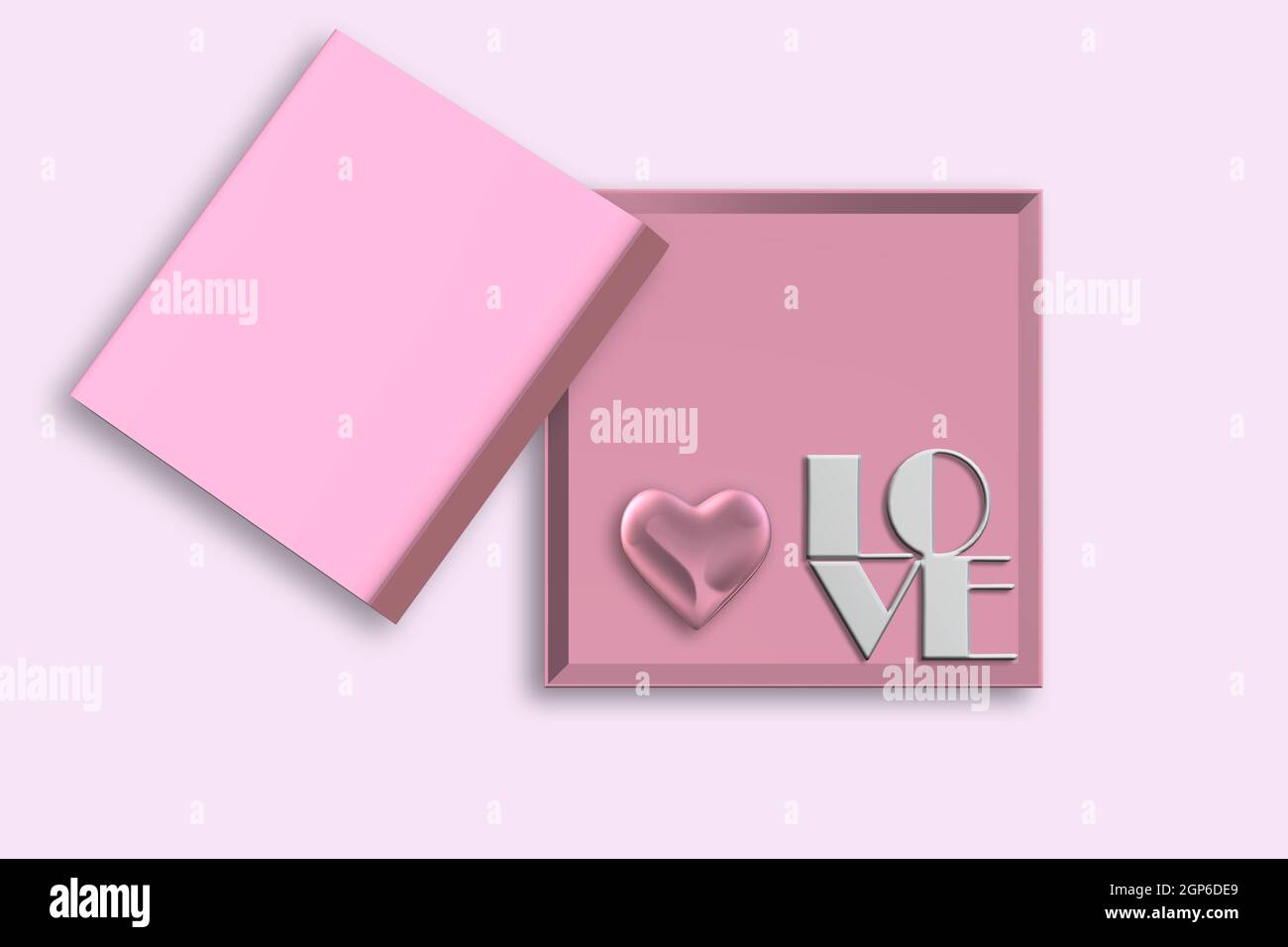 Empty Open gift box. Pink open box, text love on pink background ...