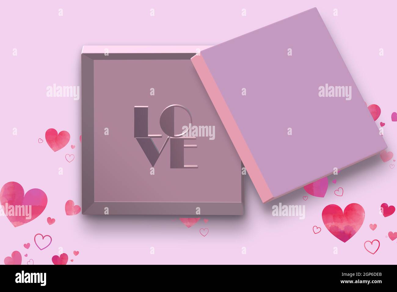 Open gift box. Pink open box, text love on pink background. Valentines ...
