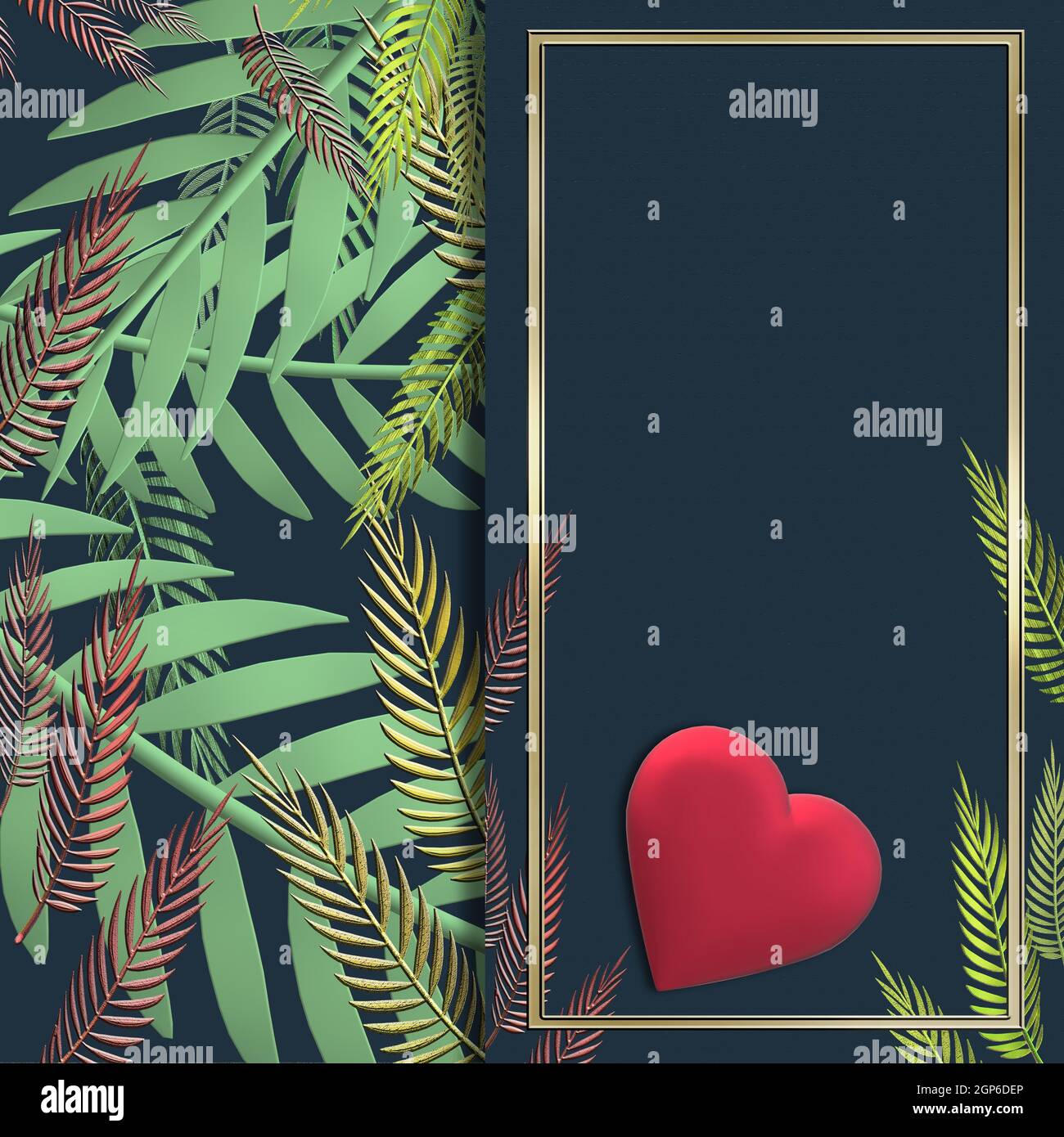 3D heart on exotic, tropical leaves trendy background over dark blue. Valentines, love, marriage unusual elegant design. 3D illustration Stock Photo