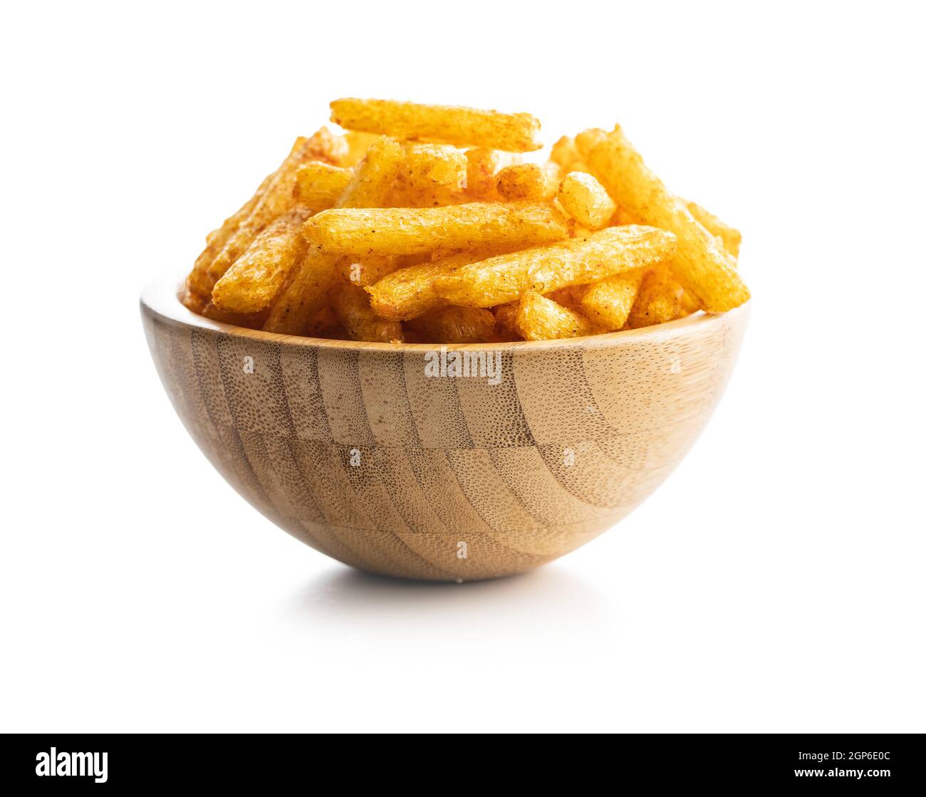 French fries. Salted snack. Potato chips in bowl isolated on white background. Stock Photo