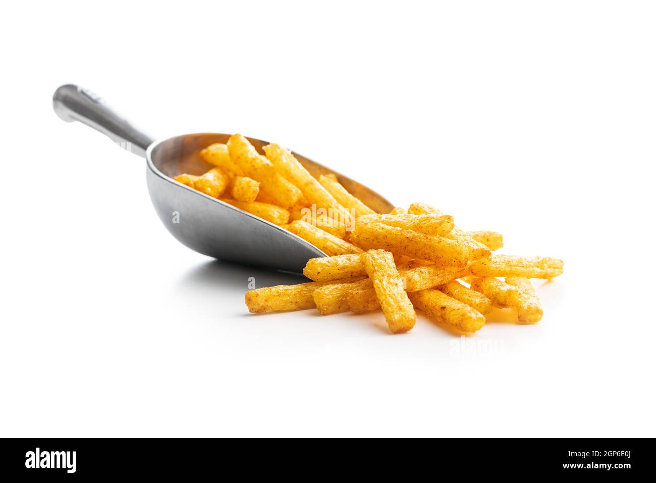 French fries. Salted snack. Potato chips in scoop isolated on white background. Stock Photo