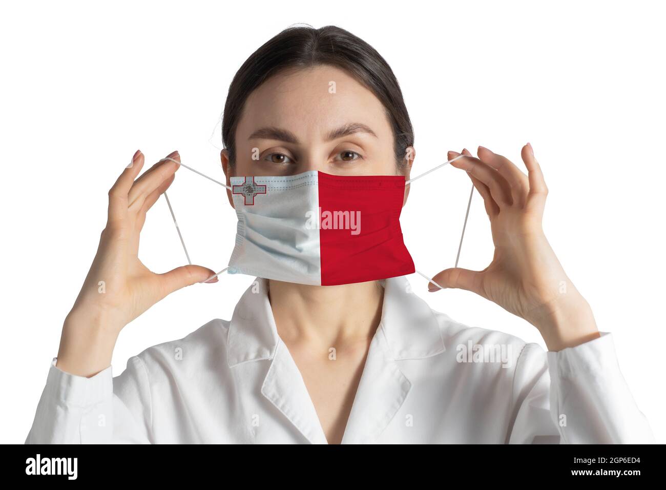Respirator with flag of Malta Doctor puts on medical face mask isolated