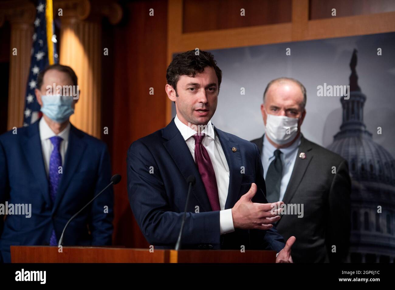 United States Senator Jon Ossoff (Democrat of Georgia) offers remarks during a press conference on the inclusion of solar tax credit legislation in the Reconciliation Bill, at the US Capitol in Washington, DC, Tuesday, September 28, 2021. Credit: Rod Lamkey/CNP Stock Photo