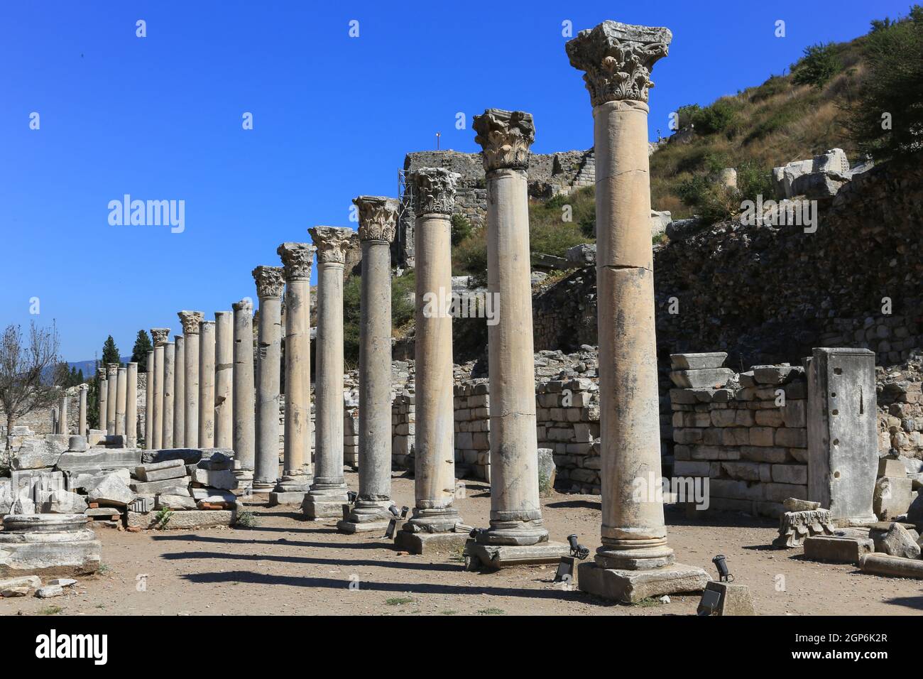 The colonnade along the east side of the agora (Greek public space) in Ephesus, Turkey. Stock Photo