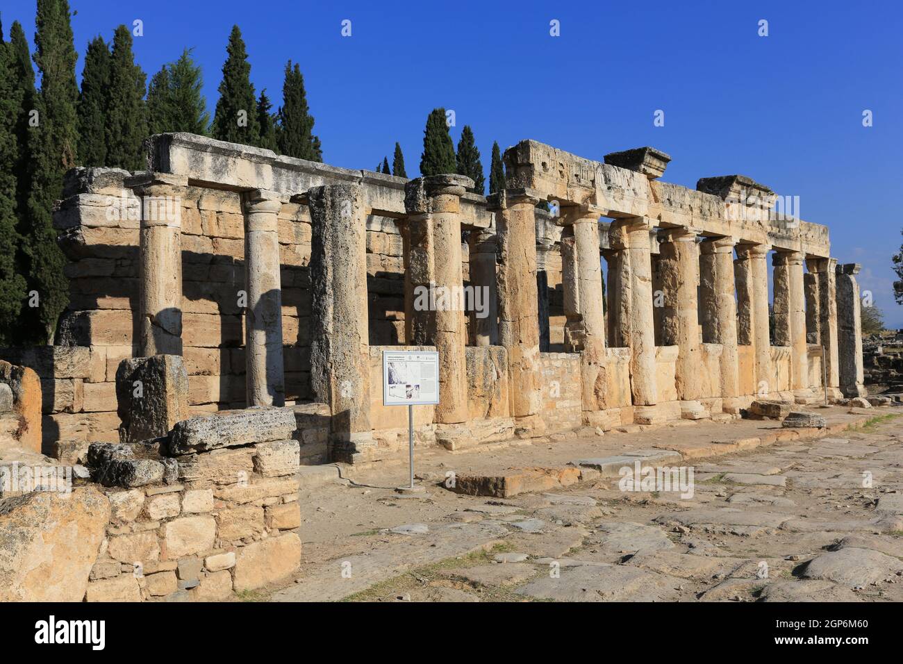 The latrine at the ancient spa city of Hierapolis dates from 190 BC and are near the travertine terraces of Pamukkale in Western Turkey. Stock Photo