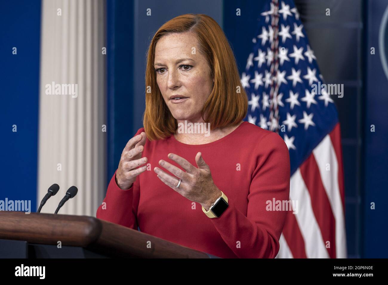 Washington, United States. 28th Sep, 2021. White House Press Secretary Jen Psaki holds a press briefing at the White House in Washington, DC on Tuesday, September 28, 2021. Psaki answered questions regarding Biden and the Afghanistan withdraw. Photo by Ken Cedeno/UPI Credit: UPI/Alamy Live News Stock Photo