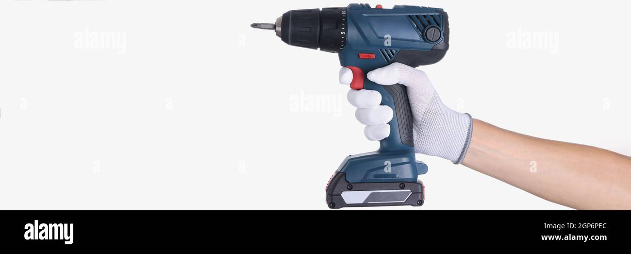 https://c8.alamy.com/comp/2GP6PEC/master-in-glove-holds-a-drill-with-drill-on-white-background-2GP6PEC.jpg