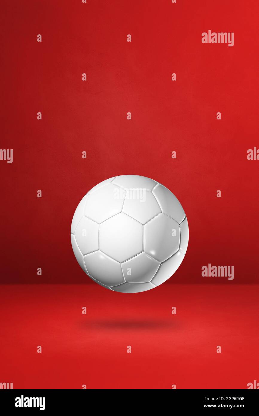 White soccer ball isolated on a red studio background. 3D illustration ...