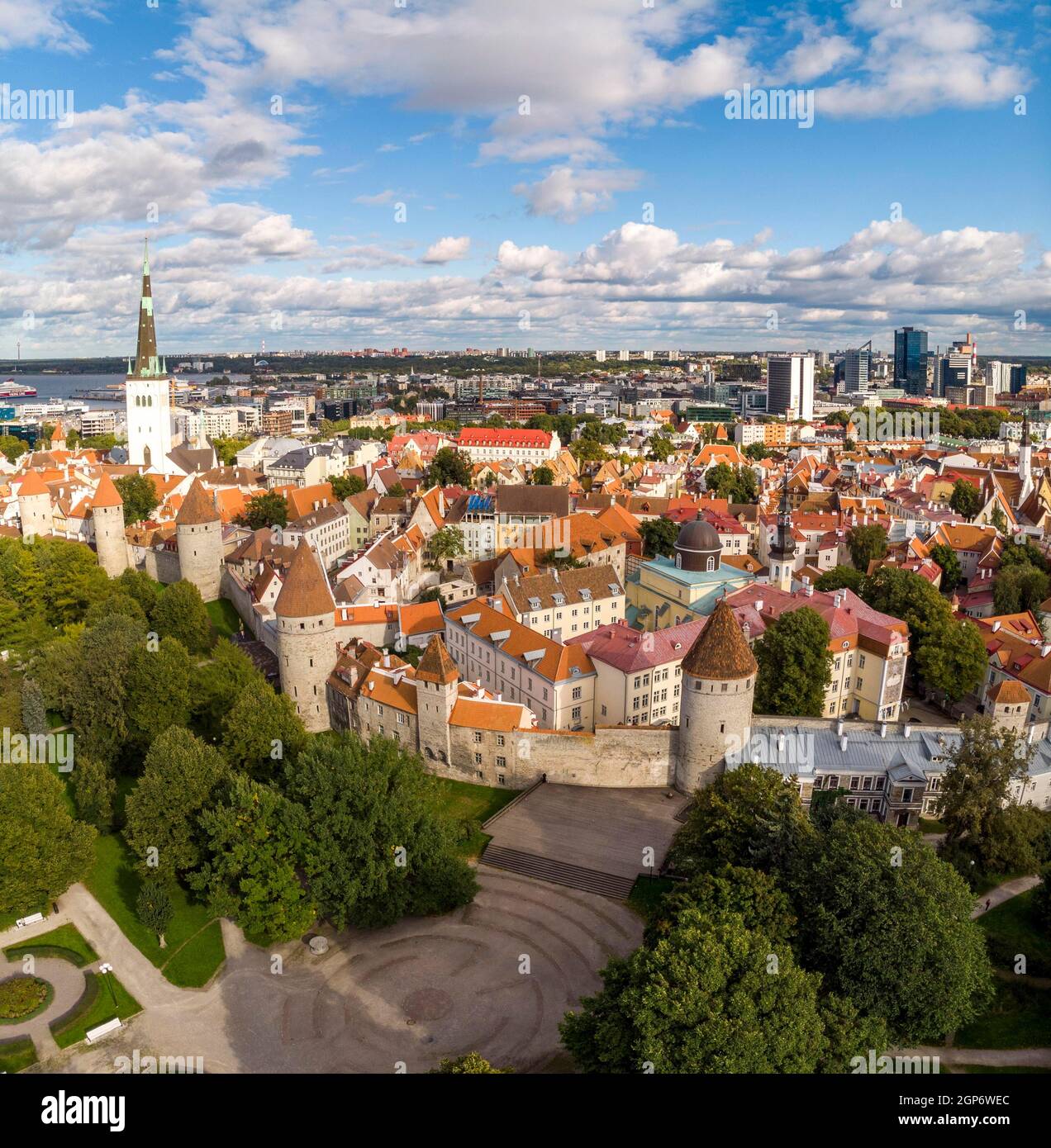 City wall, Revaler city fortification, Tallinna linnamueuer with wall towers and Olai church, Tallinn, Estonia Stock Photo