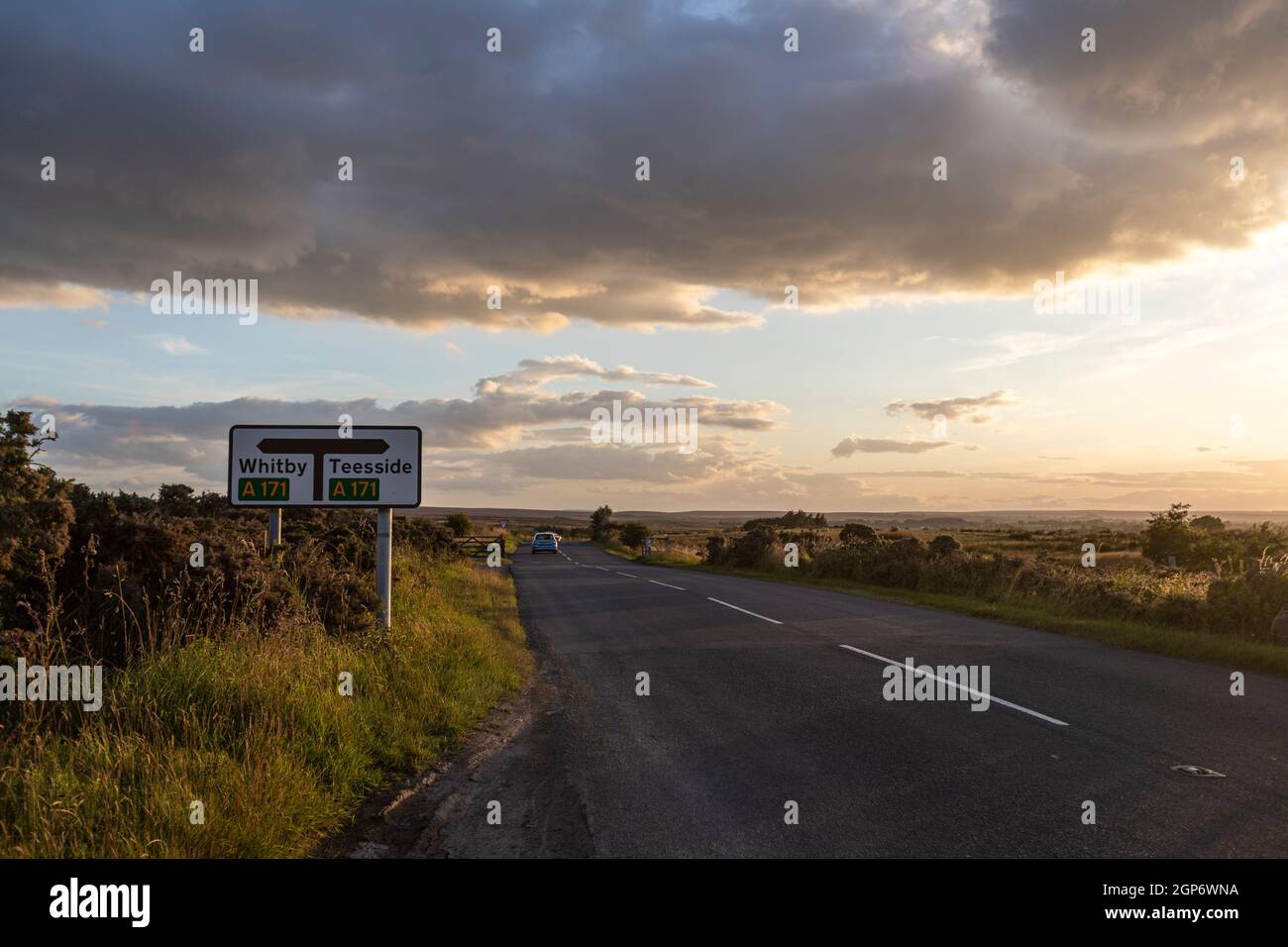 A171 road sing to Whitby and Teesside, Landscape near Whitby, North Yorkshire, England, UK Stock Photo