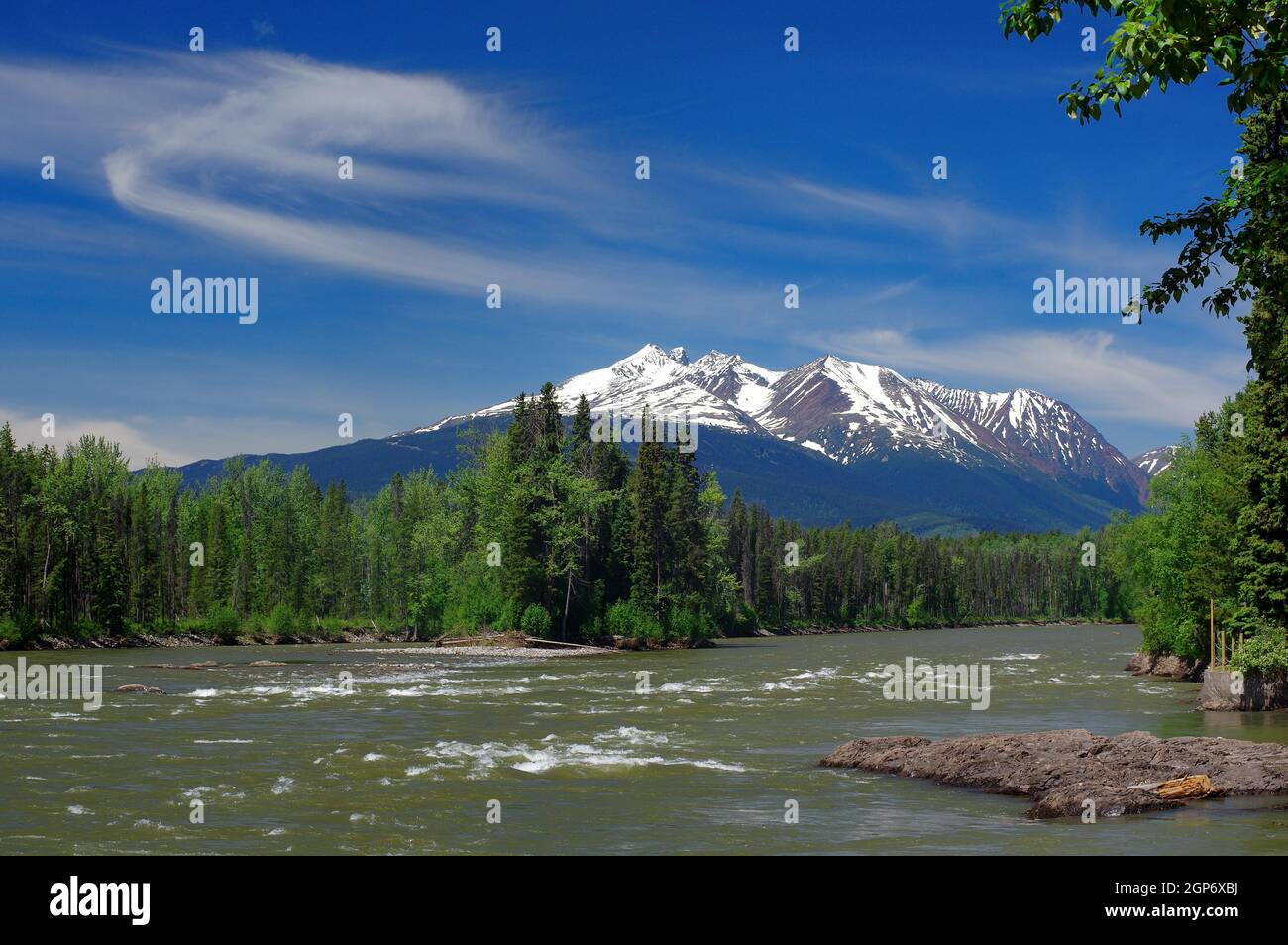 River and snowcapped mountains, Smithers, British Columbia, Trans
