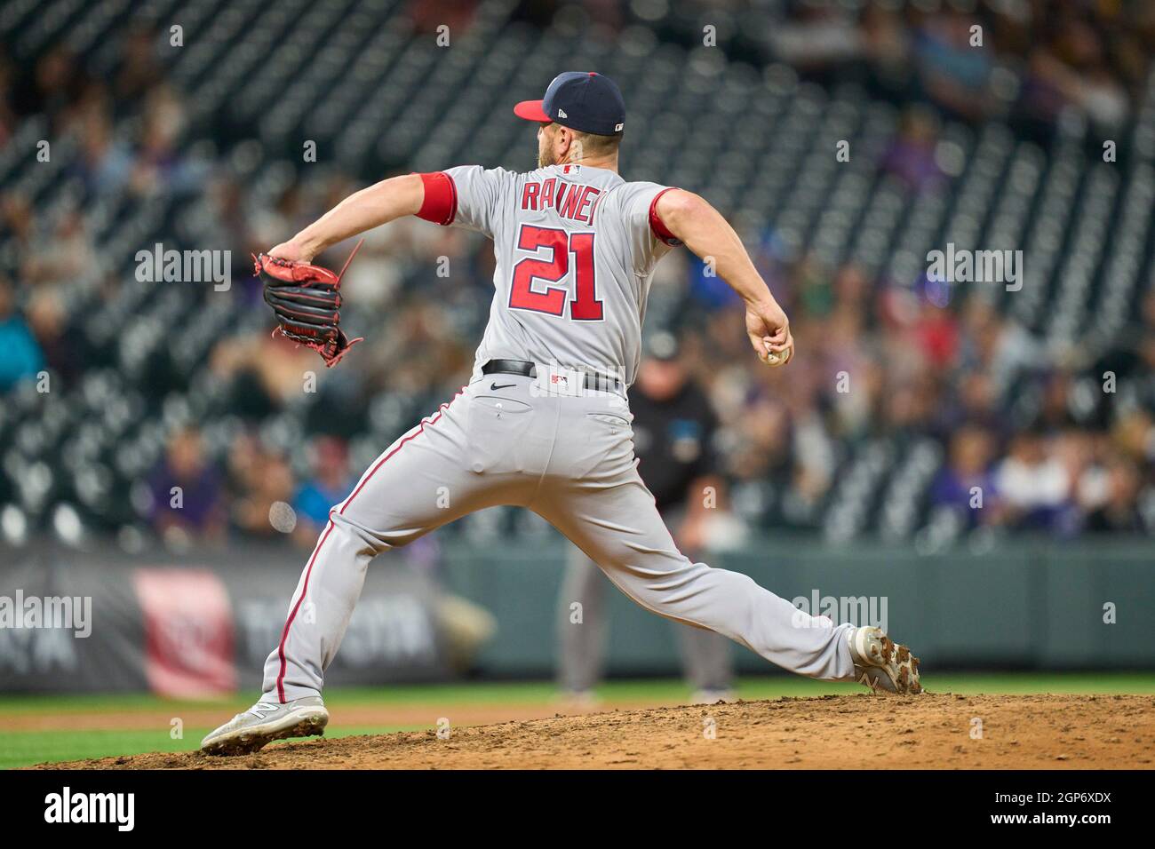 Denver CO, USA. 27th Sep, 2021. Washington pitcher Tanner Rainey (21)  throws a pitch during the game with Washington Nationals and Colorado  Rockies held at Coors Field in Denver Co. David Seelig/Cal