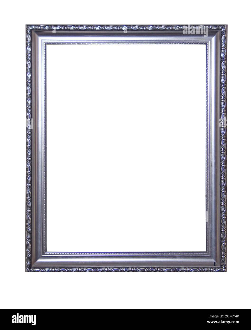Silver plated frame isolated on white background. Vintage old antique silver painted picture