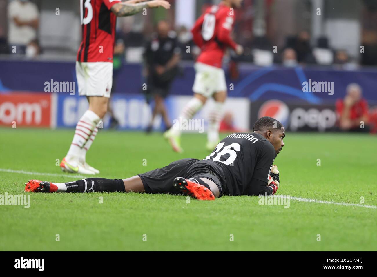 Mike Maignan of AC Milan in action during the UEFA Champions League ...