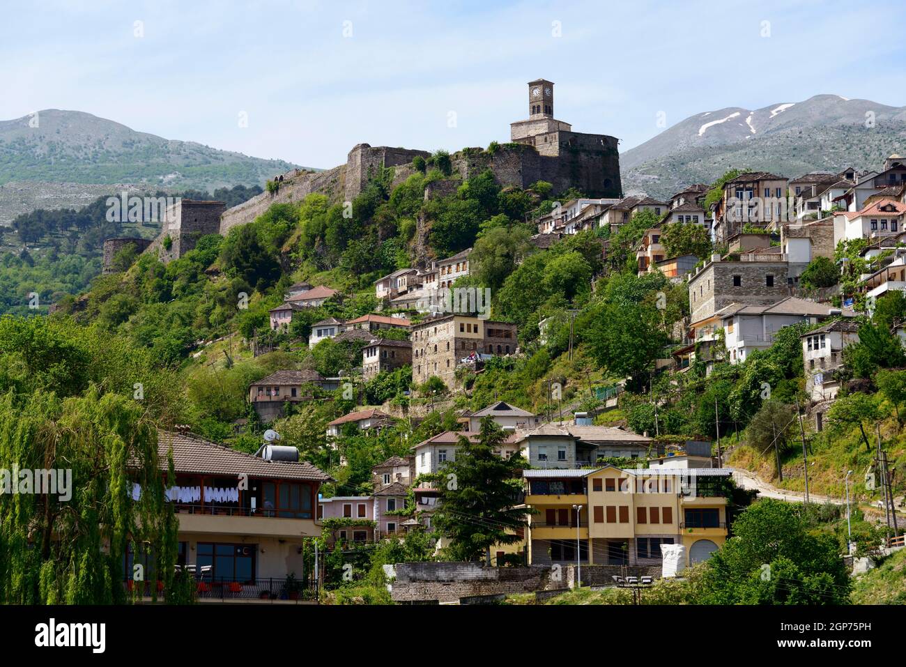Town with castle hill and clock tower, Gjirokastra, Gjirokaster, Gjirokaster, Albania Stock Photo