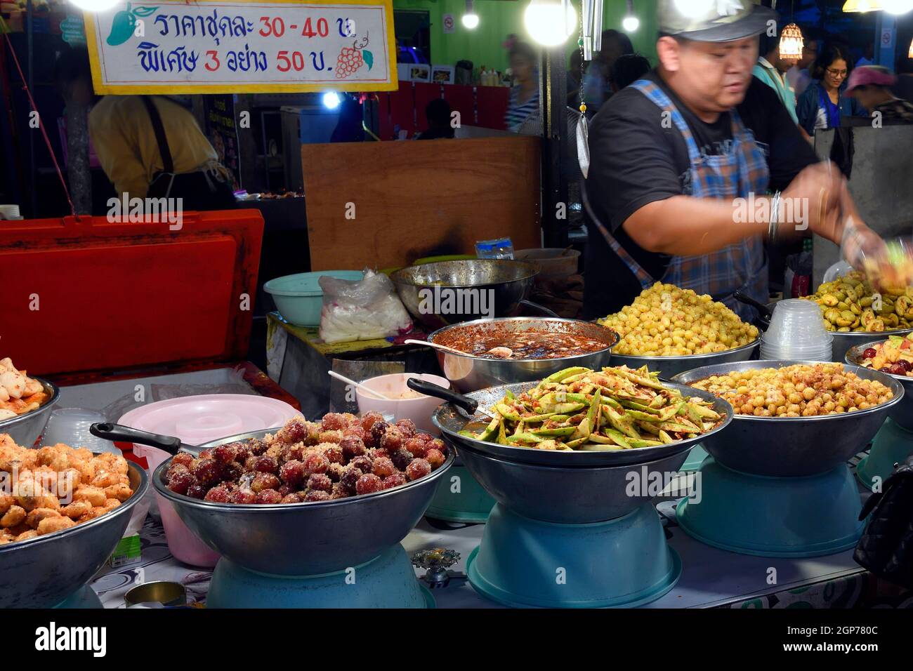 Food stand with typical dishes, Chillva Market, Phuket, Thailand Stock Photo