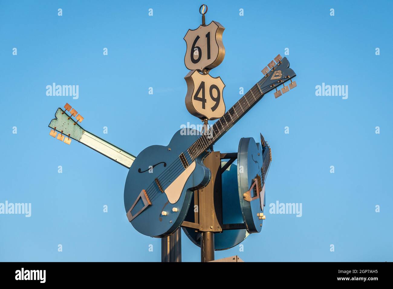 The Devil's Crossroads of Blues Highway 61 and Highway 49 in Clarksdale, Mississippi where musician Robert Johnson supposedly sold his soul to Devil. Stock Photo