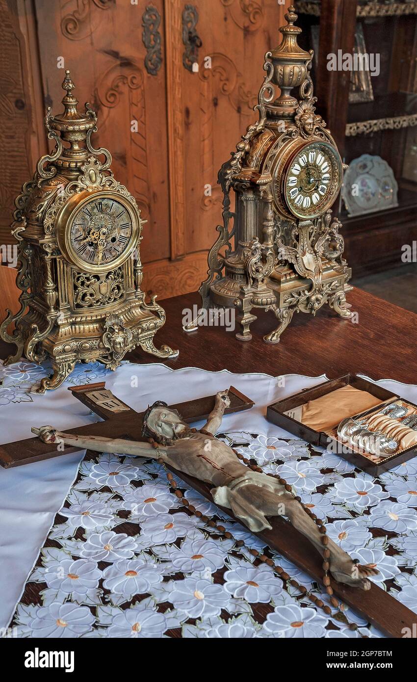 Antique grandfather clocks and crucifix, Auer Dult, Munich, Upper