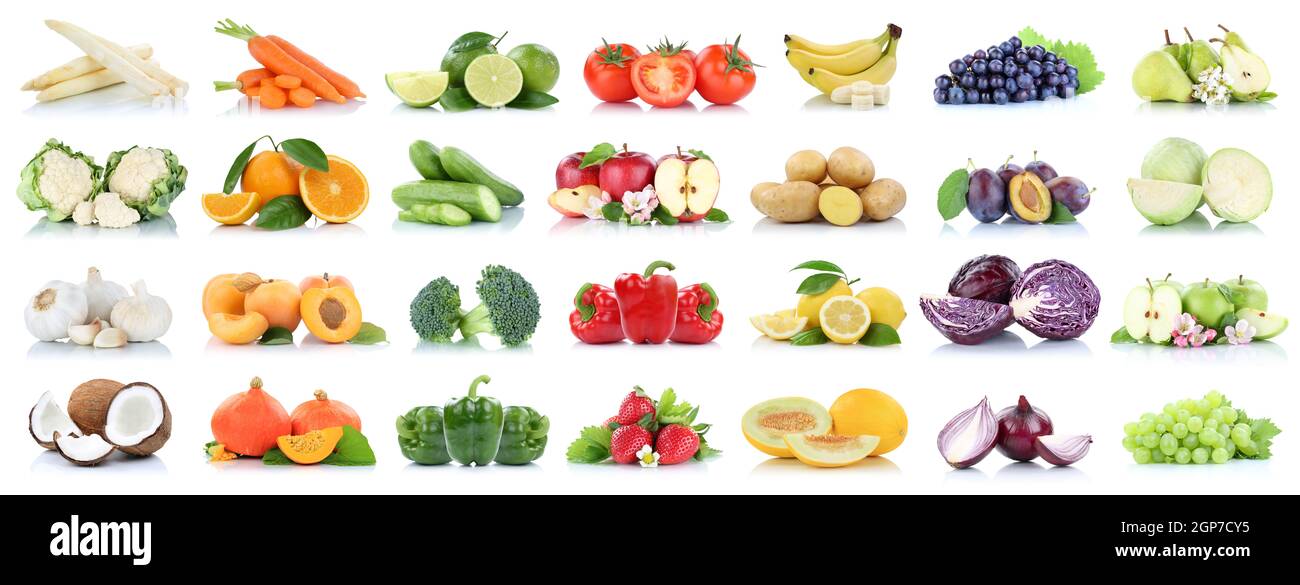 Fruits vegetables collection isolated apple apples oranges garlic tomatoes banana colors fresh fruit on a white background Stock Photo