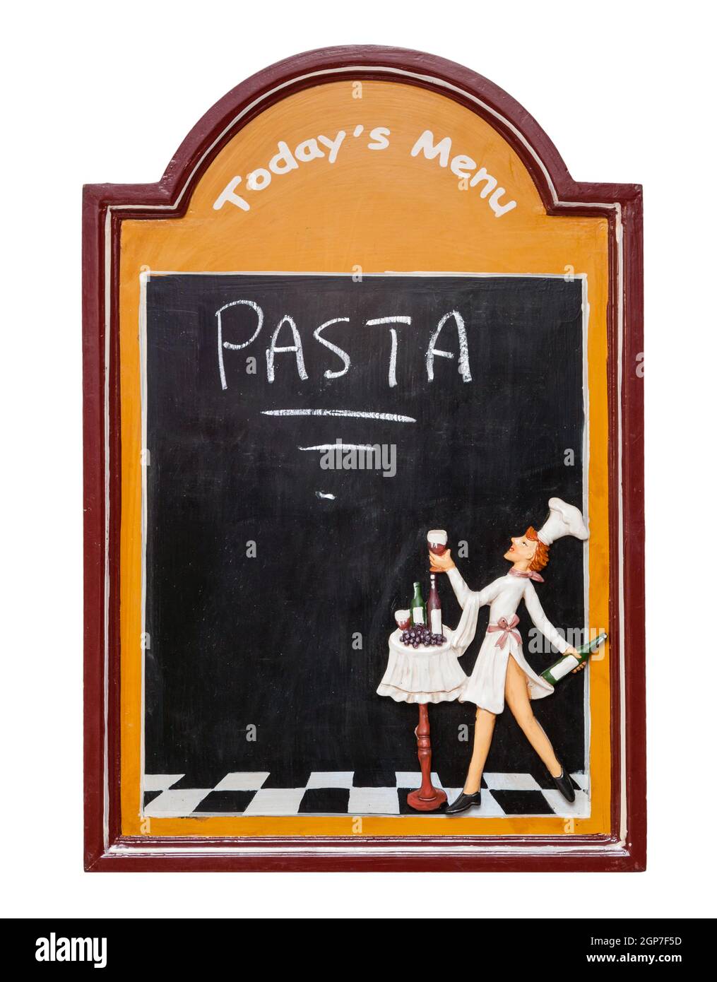 Blackboard street for menu restaurant cafe on white background with pasta text. Stock Photo
