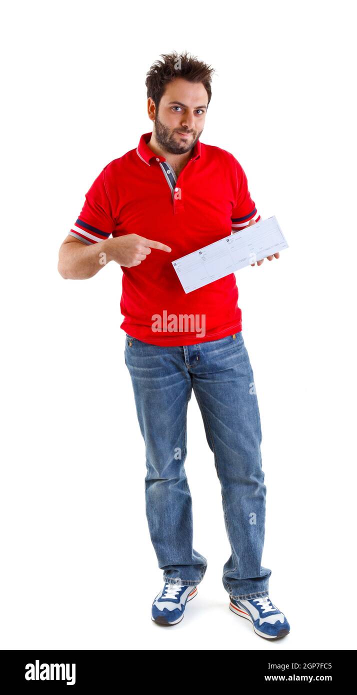 Young man showing the italian money order Stock Photo - Alamy
