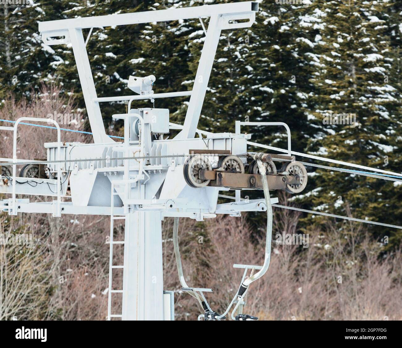 Chairlift in the ski resort. Roller system of ski lift in the ski resort. Stock Photo