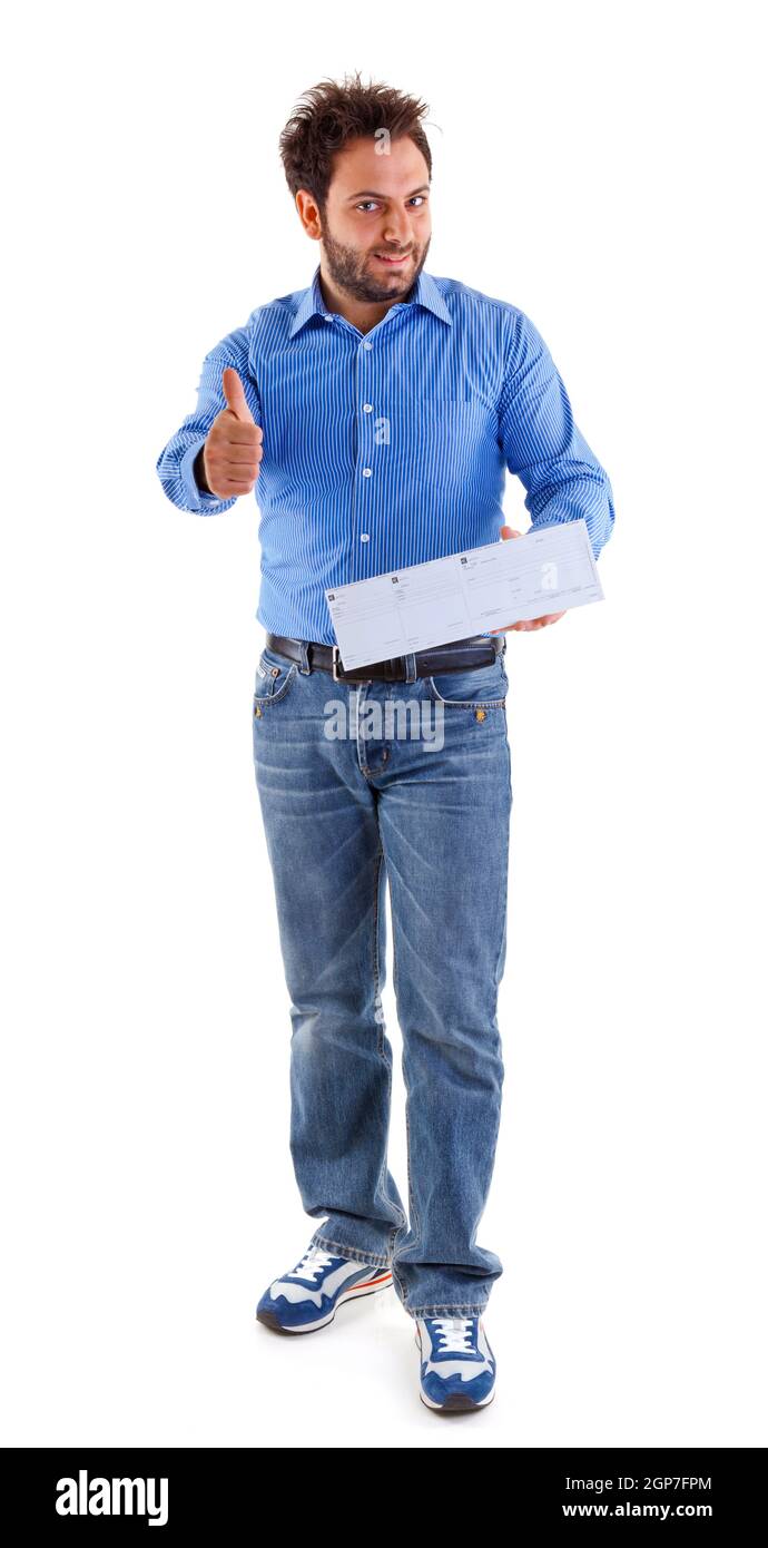 Young man showing the italian money order Stock Photo - Alamy