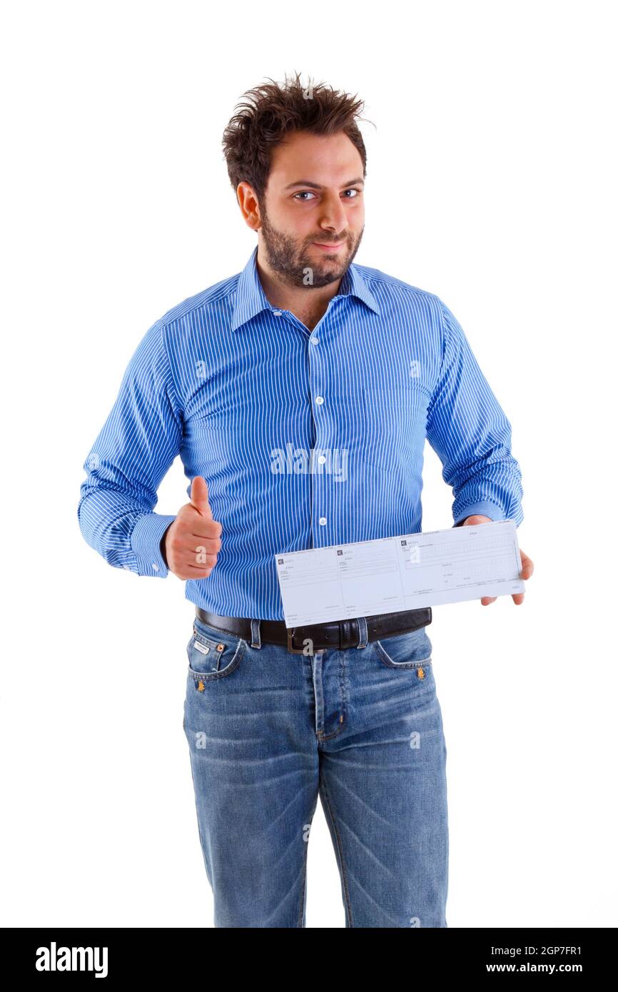 Young man showing the italian money order Stock Photo - Alamy