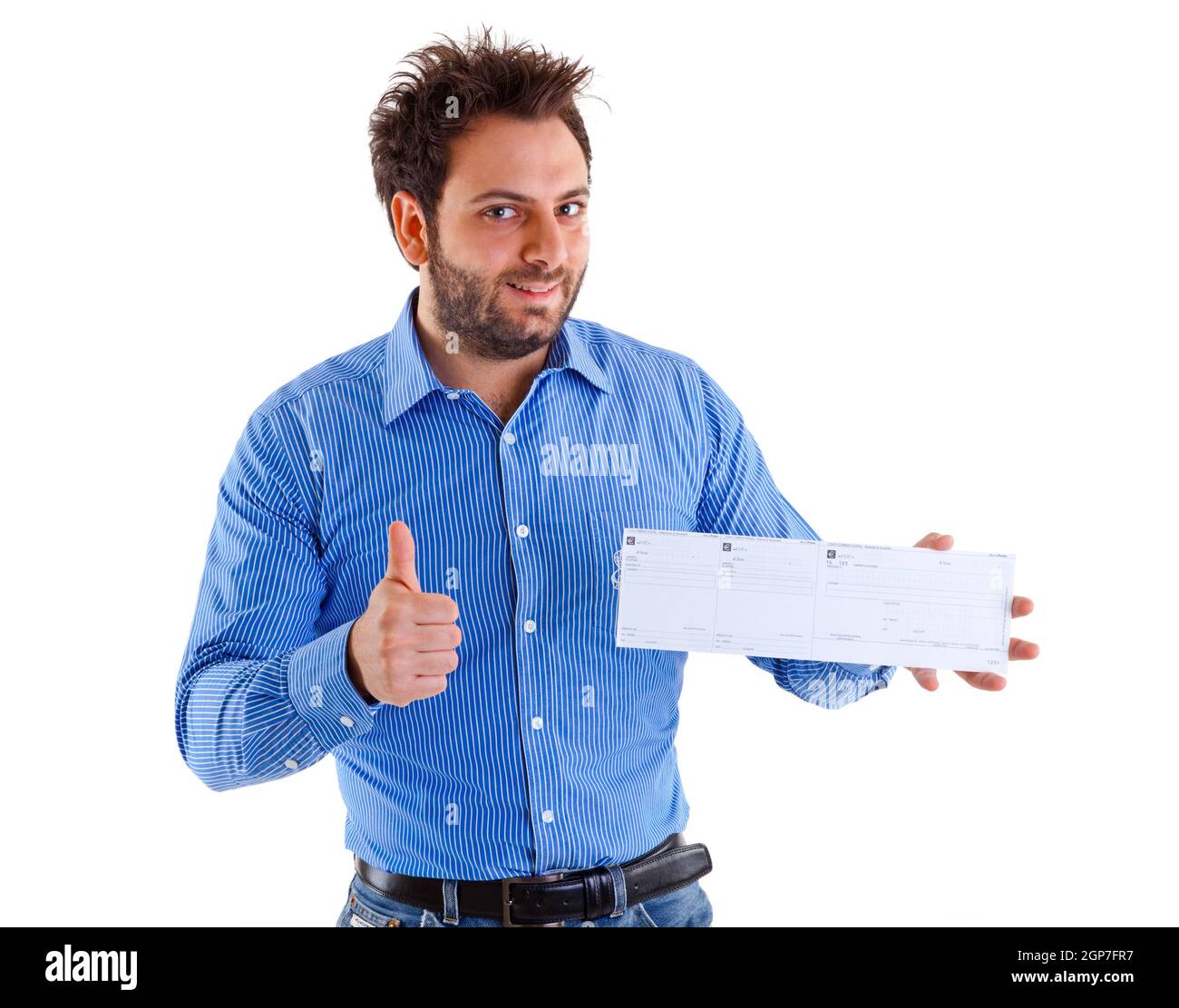 Young man showing the italian money order Stock Photo - Alamy