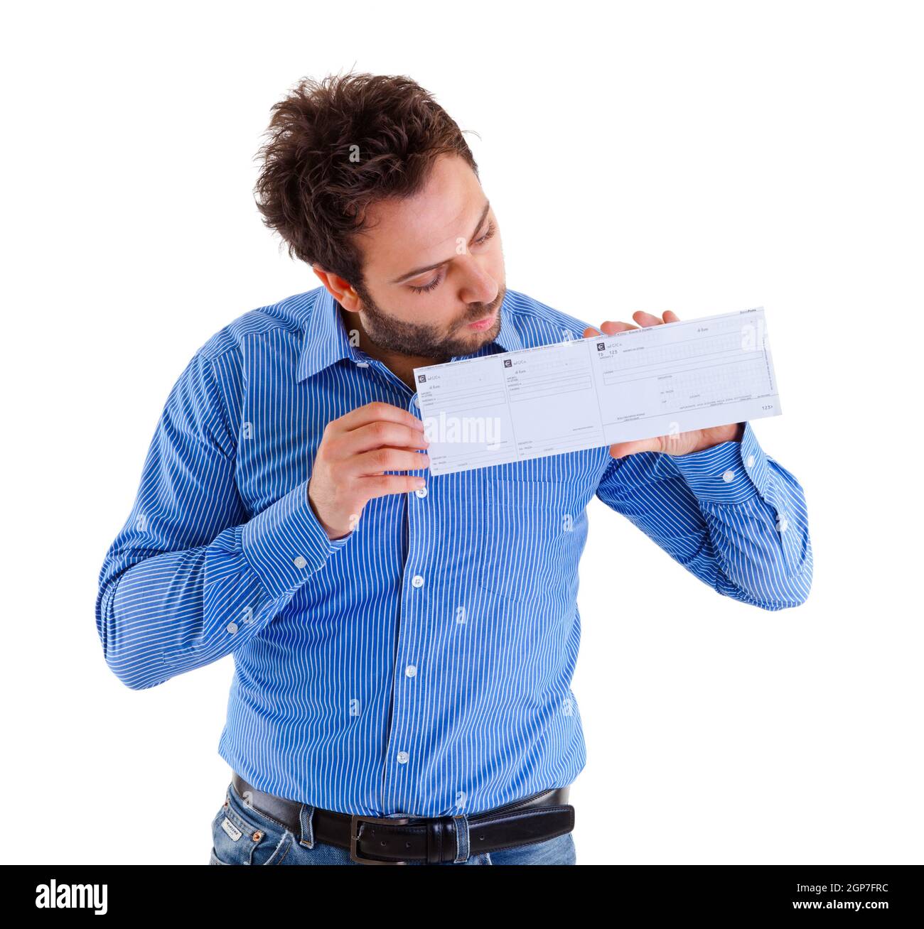 Young man showing the italian money order Stock Photo - Alamy