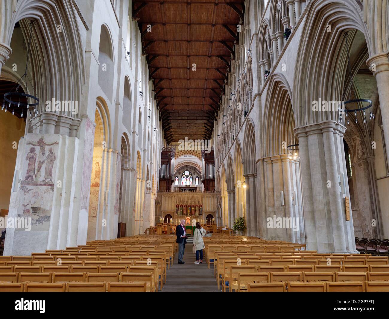 St Albans, Hertfordshire, England, September 21 2021: Interior of the Cathedral showing the Nave with its grand arches. Stock Photo