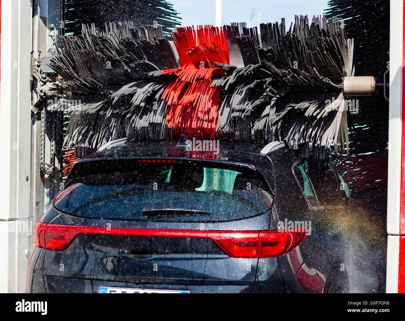 Black car in automatic car wash rotating red and black brush. Washing