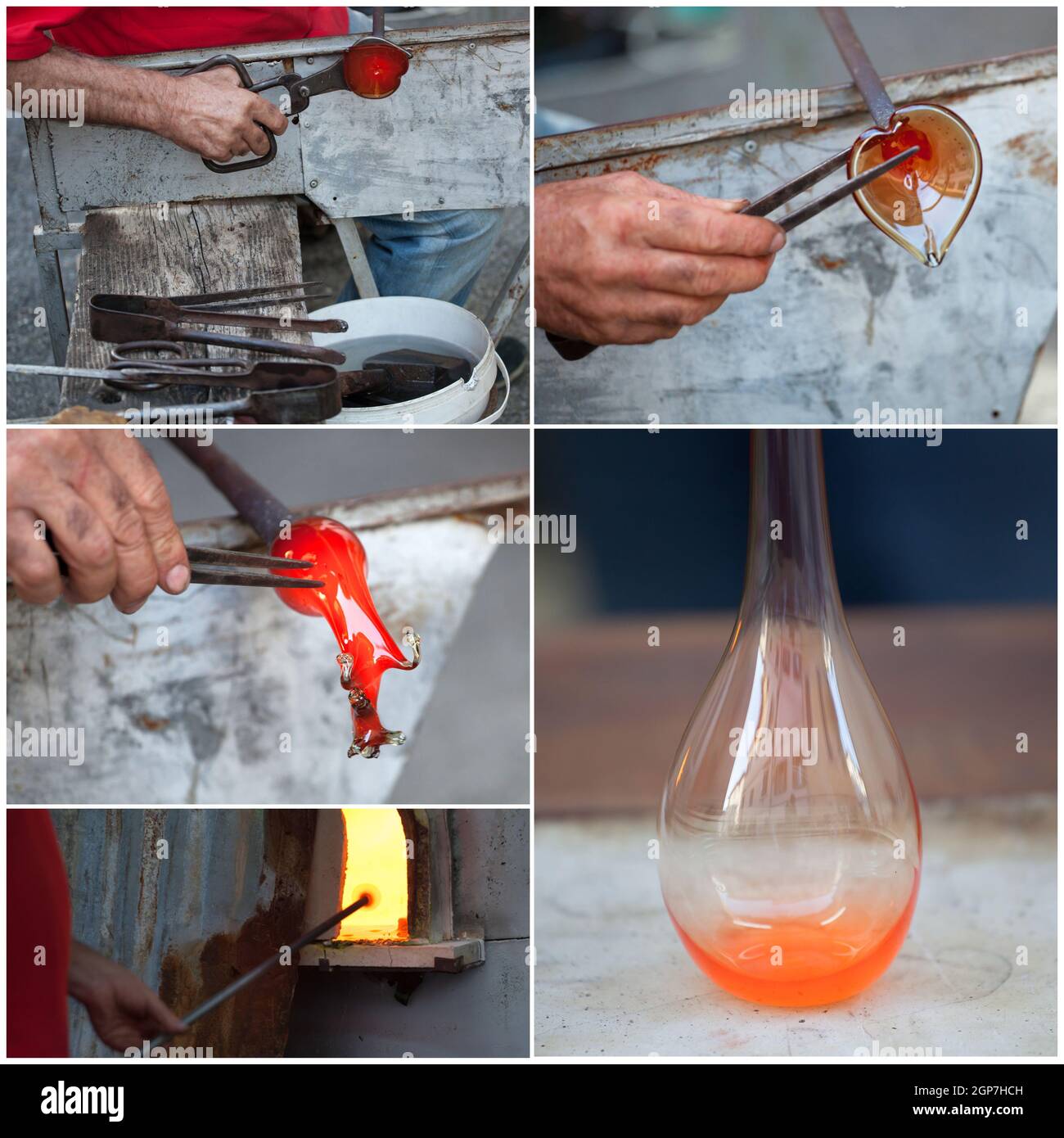Collage of glass blowing. Ancient craft for production of of glassware. Stock Photo