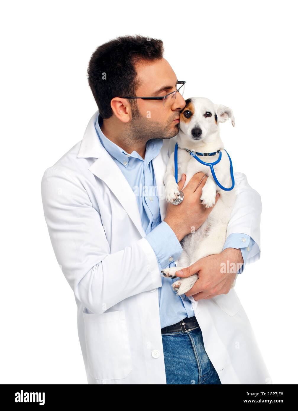Veterinarian doctor with jack russell isolated on white Stock Photo