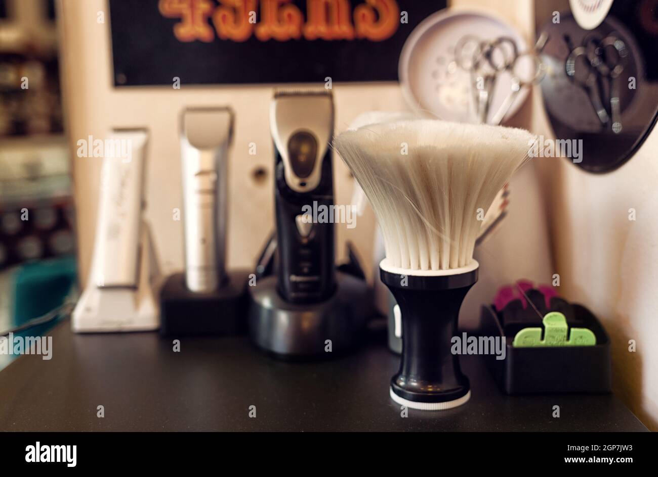 Brush shaving set in barber shop. Technique of selective focus Stock