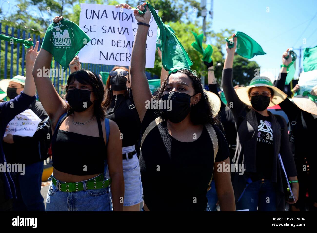Women hold up green handkerchiefs, symbolizing the abortion rights movement, during a protest to mark International Safe Abortion Day in San Salvador, El Salvador, September 28, 2021. REUTERS/Jessica Orellana Stock Photo