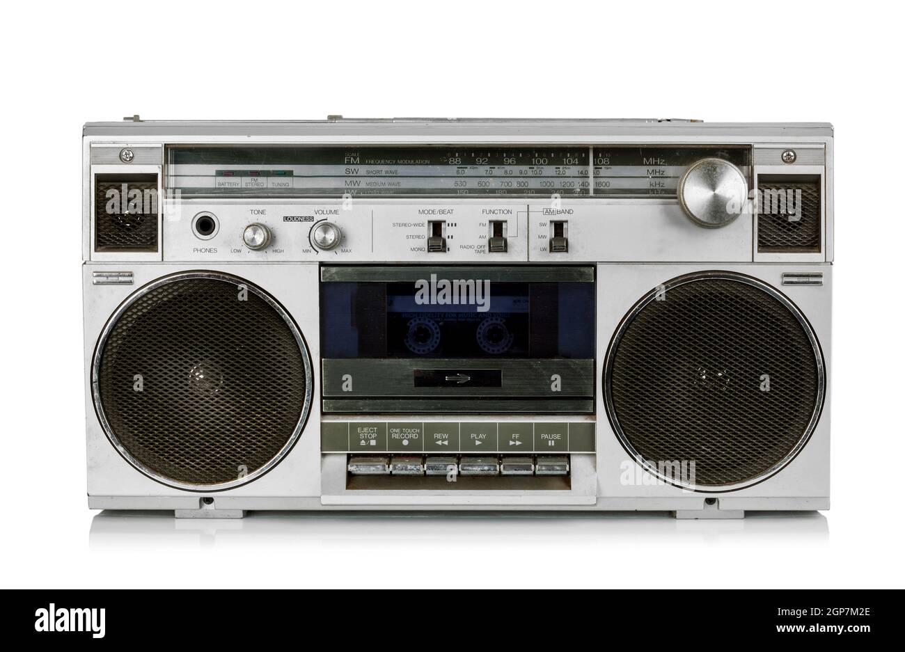 Portable vintage radio cassette recorder isolated on white Stock Photo