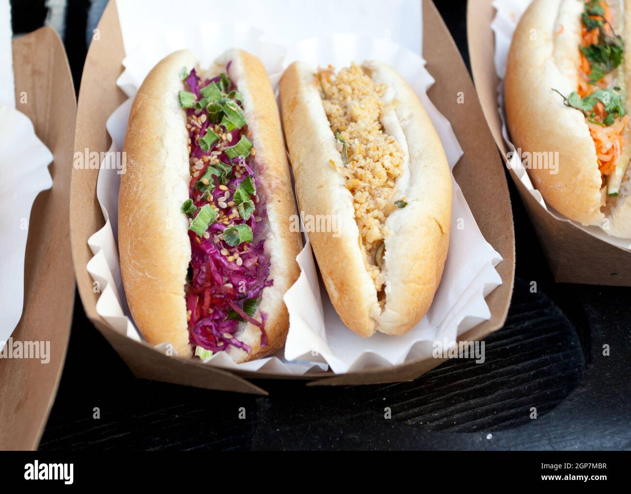 Various types of Hot Dog with sausage and vegan ingredients Stock Photo
