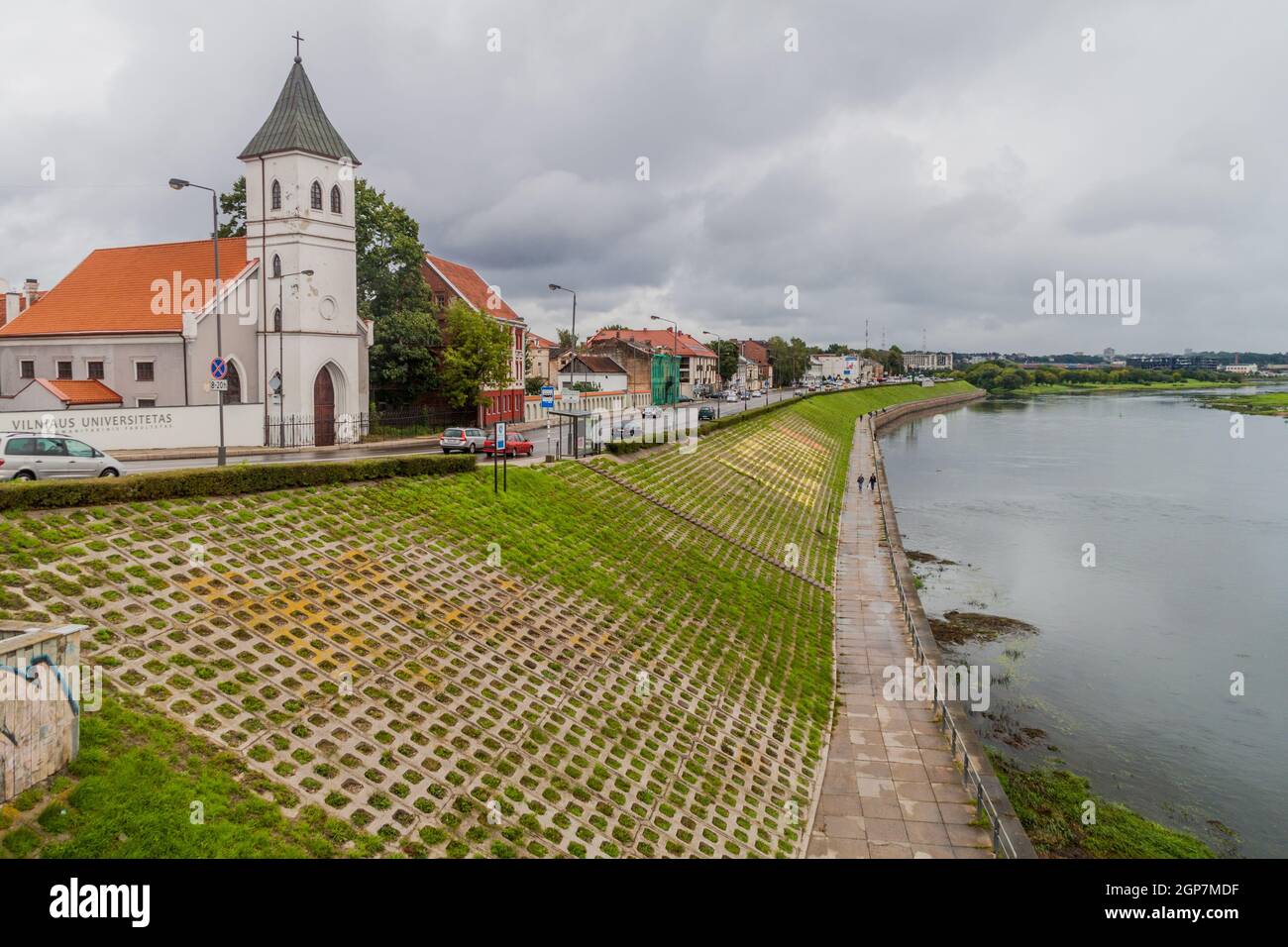 KAUNAS, LITHUANIA - AUGUST 17, 2016: River Nemunas and Evangelical Lutheran Church in Kaunas, Lithuania Stock Photo