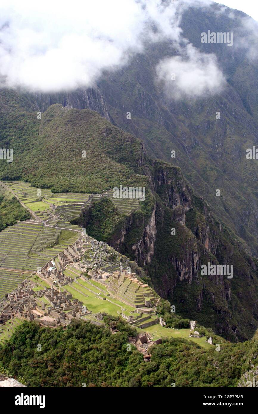 View from Wayna Picchu mountain over the the Machu Picchu ruins, PeruMachu Picchu, Peru Stock Photo