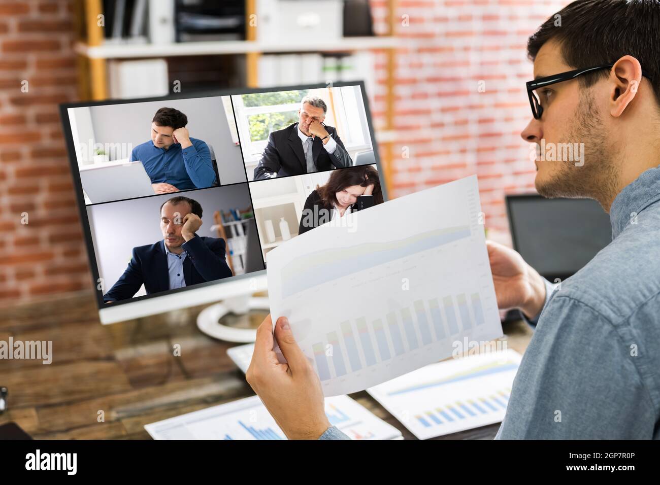 Bored Employee Team Meeting Group Video Conference Stock Photo Alamy