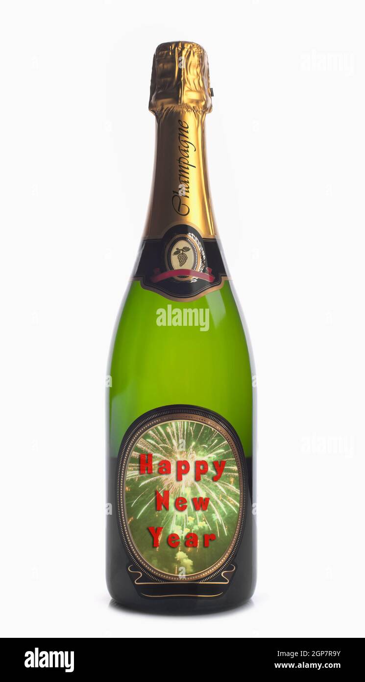 Bottle of champagne with label "happy new year" on white background ...