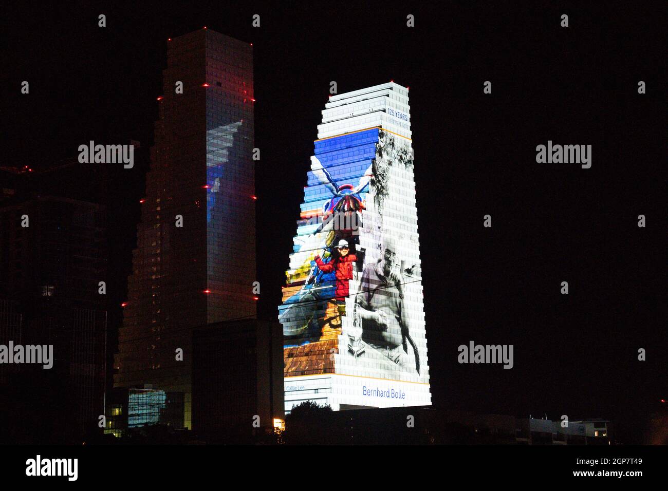 Basel, Switzerland. 28th Sep, 2021. The Roche Tower illuminated with images from around the world during the Tower Light Projection to celebrate 125 years of improving lives at Roche Tower in Basel, Switzerland. Credit: SPP Sport Press Photo. /Alamy Live News Stock Photo