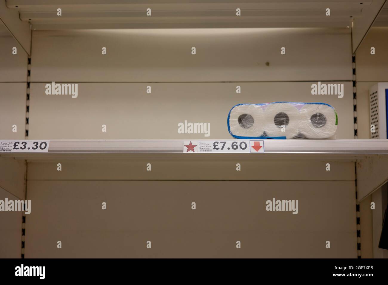 London, UK. 28th Sep, 2021. Toilet rolls shelves seen almost empty in the supermarket following