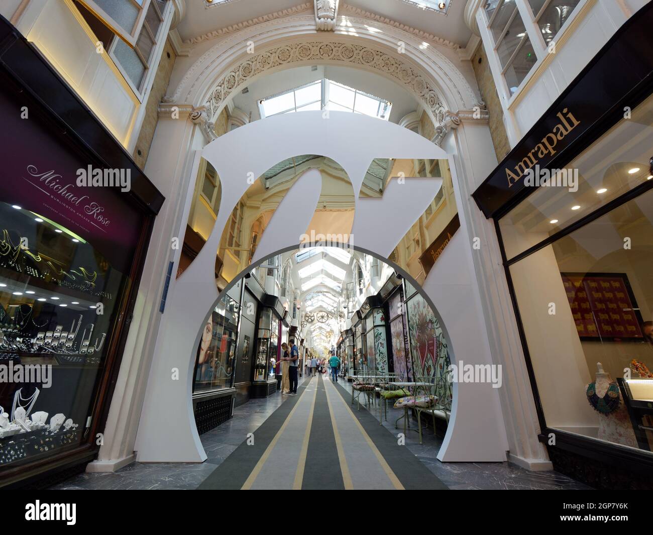 London, Greater London, England, September 21 2021: 007 sign at Burlington Arcade Piccadilly in anticipation of the new James Bond film No Time To Die Stock Photo